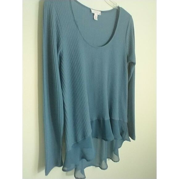 Sun & Shadow Top Women's Size M Blue Long sleeve Popover Knit chiffon hem - Picture 5 of 10